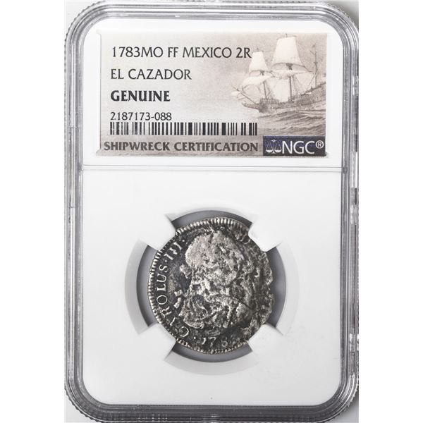 MEXICO, Mexico City, bust 2 reales, Charles III, 1783 FF, NGC Genuine (El Cazador Shipwreck Brown La