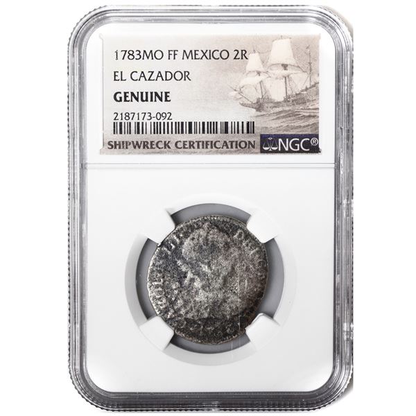 MEXICO, Mexico City, bust 2 reales, Charles III, 1783 FF, NGC Genuine (El Cazador Shipwreck Brown La