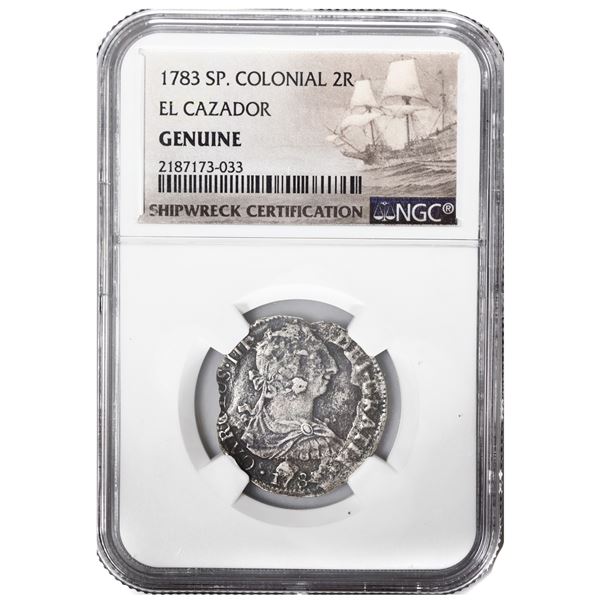 MEXICO, Mexico City, bust 2 reales, Charles III, 1783 (FF), NGC Genuine (El Cazador Shipwreck Brown 