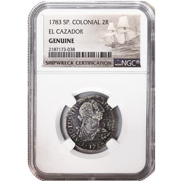 MEXICO, Mexico City, bust 2 reales, Charles III, 1783 (FF), NGC Genuine (El Cazador Shipwreck Brown 