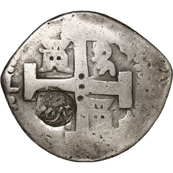 PERU, Lima, cob 8 reales, Philip V, assayer M, with contemporary counterfeit Guatemala sun-over-moun