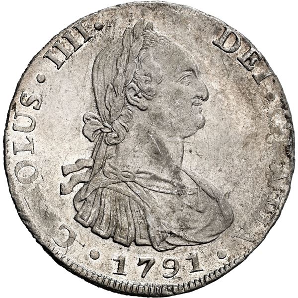 BOLIVIA, Potosí, bust 8 reales, Charles IV, 1791 PR, NGC AU 55.