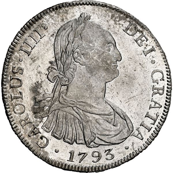 BOLIVIA, Potosí, bust 8 reales, Charles IV, 1793 PR, NGC MS 61.