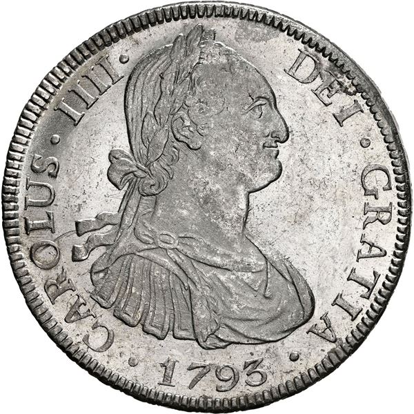 BOLIVIA, Potosí, bust 8 reales, Charles IV, 1793 PR, NGC UNC details / rev spot removed.
