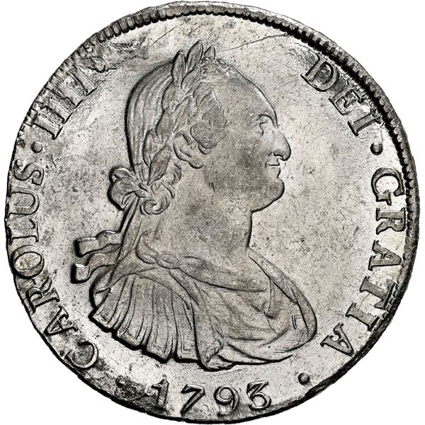 BOLIVIA, Potosí, bust 8 reales, Charles IV, 1793 PR, NGC UNC details / obv cleaned.