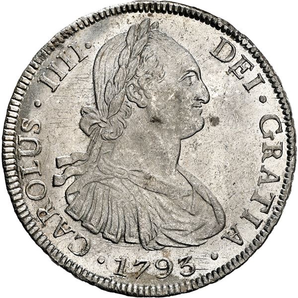 BOLIVIA, Potosí, bust 8 reales, Charles IV, 1793 PR, NGC UNC details / obv scratched.