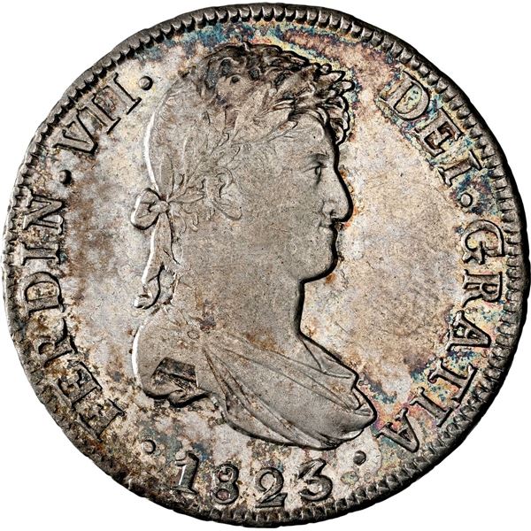 BOLIVIA, Potosí, bust 8 reales, Ferdinand VII, 1823 PJ, NGC AU 55.