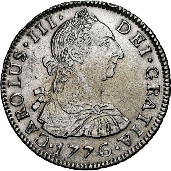 BOLIVIA, Potosí, bust 2 reales, Charles III, 1776 PR, NGC AU details / harshly cleaned, ex-Almenara.