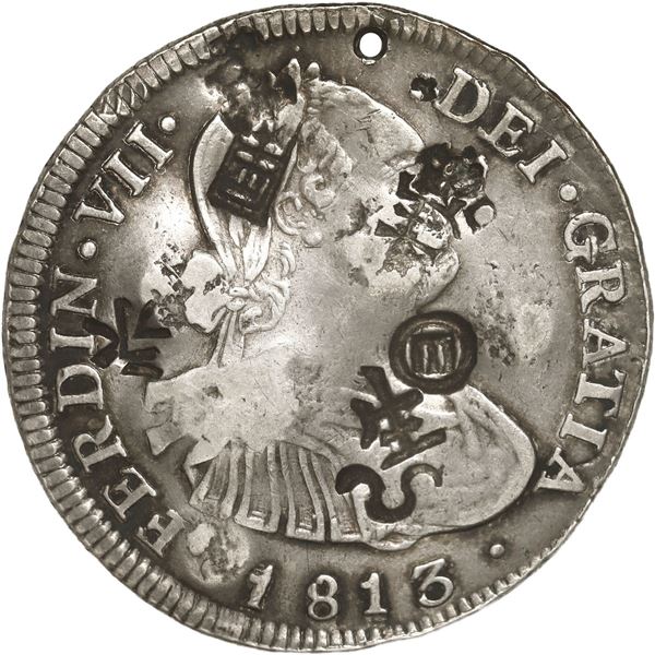 CHILE, Santiago, bust 4 reales, Ferdinand VII (bust of Charles IV), 1813 FJ, with chopmarks from cir
