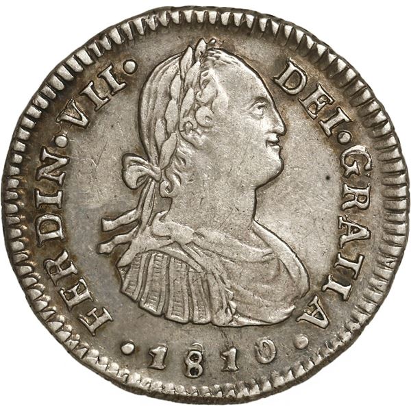 CHILE, Santiago, bust 1 real, Ferdinand VII transitional (bust of Charles IV), 1810 FJ.