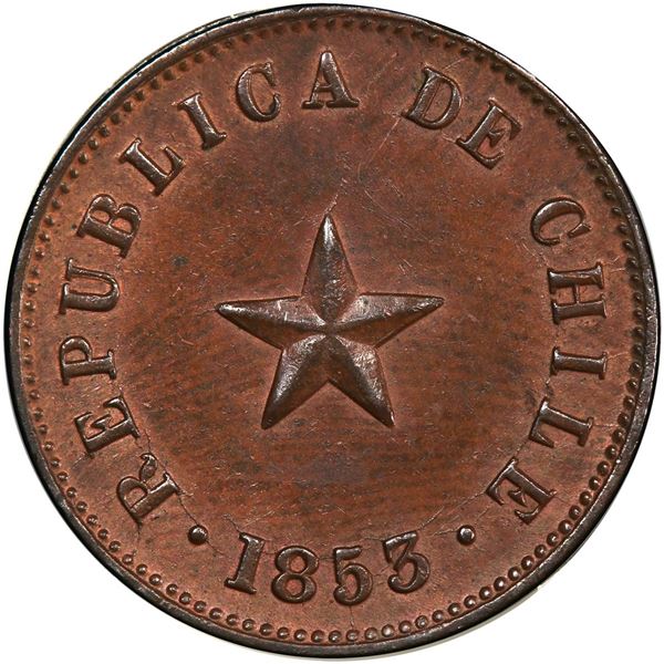 CHILE, struck at the Heaton Mint in Birmingham, England, copper ½ centavo, 1853, PCGS MS63 Brown.