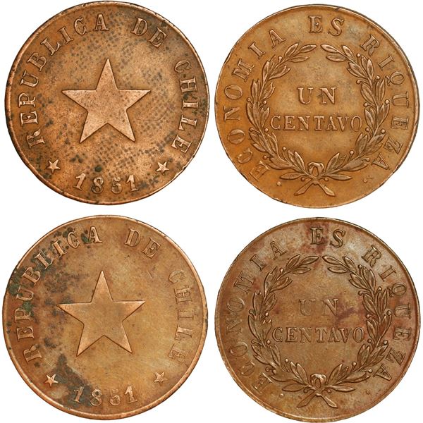 CHILE, struck at the Heaton Mint in Birmingham, England, lot of two copper 1 centavos, 1851/0, flat 