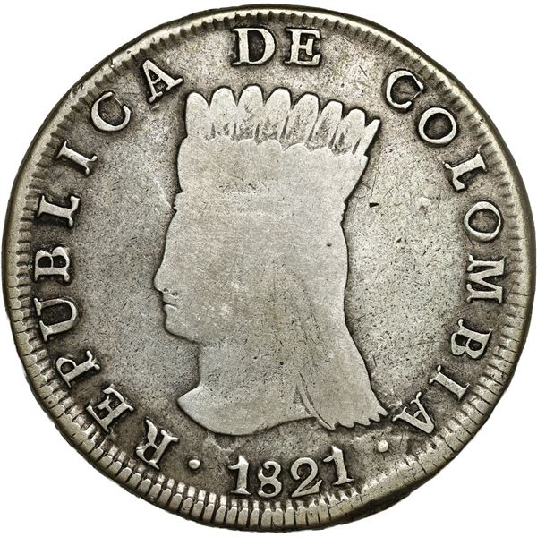COLOMBIA, Bogotá (Cundinamarca), 8 reales, 1821 JF, dots below and to right of A in mintmark.