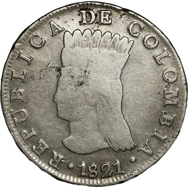 COLOMBIA, Bogotá (Cundinamarca), 8 reales, 1821 JF, dots below and to right of A in mintmark.