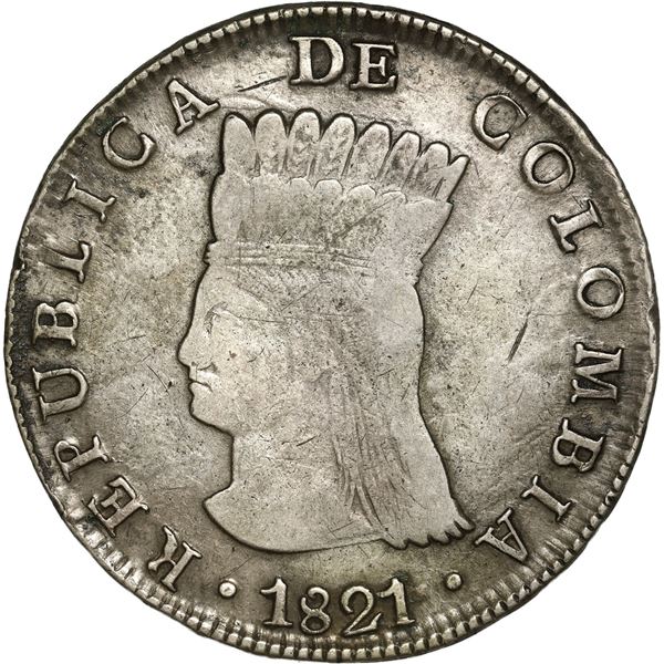 COLOMBIA, Bogotá (Cundinamarca), 8 reales, 1821 JF, no dot below A in mintmark.