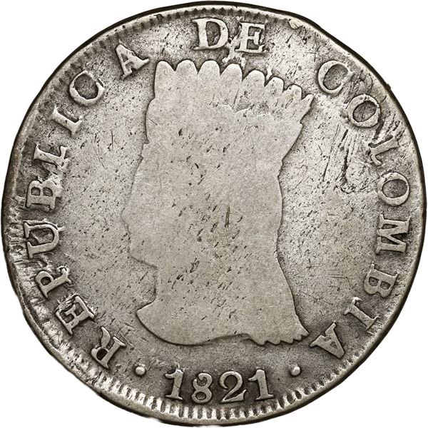 COLOMBIA, Bogotá (Cundinamarca), 8 reales, 1821 JF, no dot below A in mintmark.