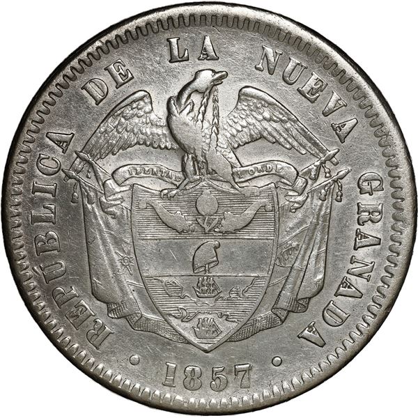 COLOMBIA, Bogotá, 1 peso, 1857, re-punched 7 in date.
