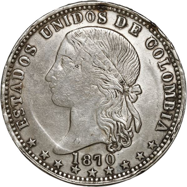 COLOMBIA, Medellín, 1 peso, 1870 with 0/9.
