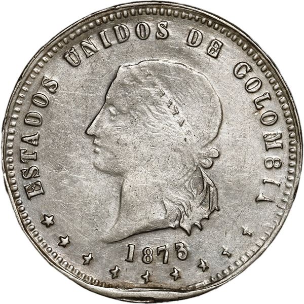 COLOMBIA, Medellín, 5 décimos, 1873, classic effigy.