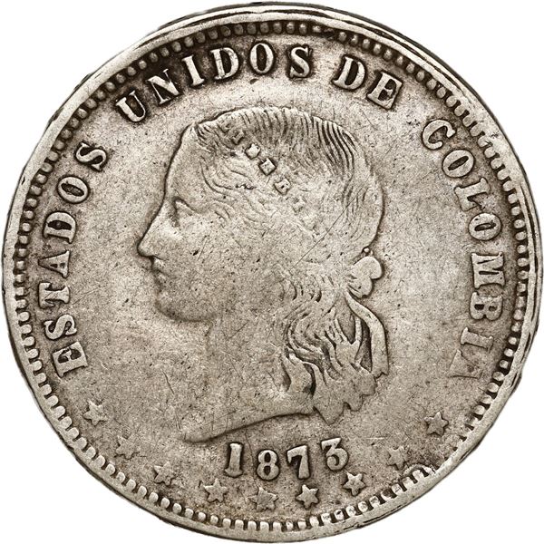 COLOMBIA, Medellín, 5 décimos, 1873, classic effigy, dot in D of ESTADOS.