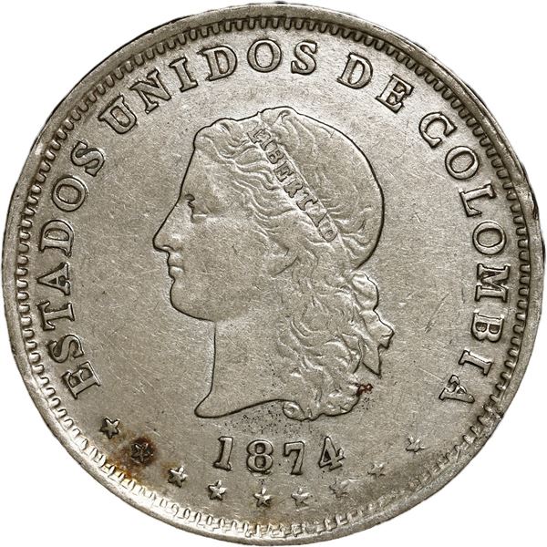 COLOMBIA, Medellín, 5 décimos, 1874, Barré bust, reversed fineness, re-punched 12,500.
