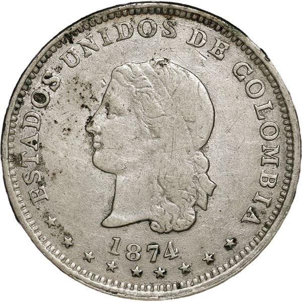 COLOMBIA, Medellín, 5 décimos, 1874, Barré bust, reversed fineness.