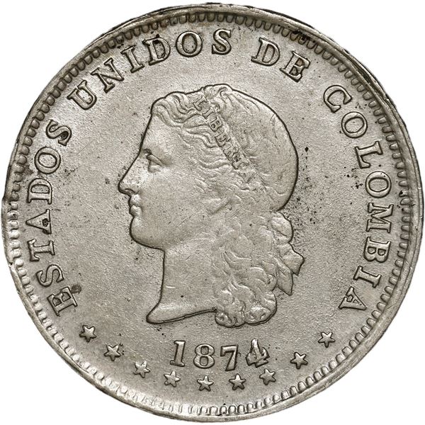 COLOMBIA, Medellín, 5 décimos, 1874/4, Barré bust, reversed fineness.