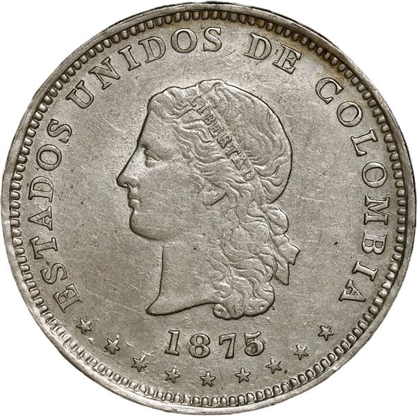COLOMBIA, Medellín, 5 décimos, 1875/4, Barré bust, reversed fineness.