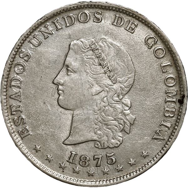 COLOMBIA, Medellín, 5 décimos, 1875, Barré bust, B inside O of ESTADOS, clashed dies.