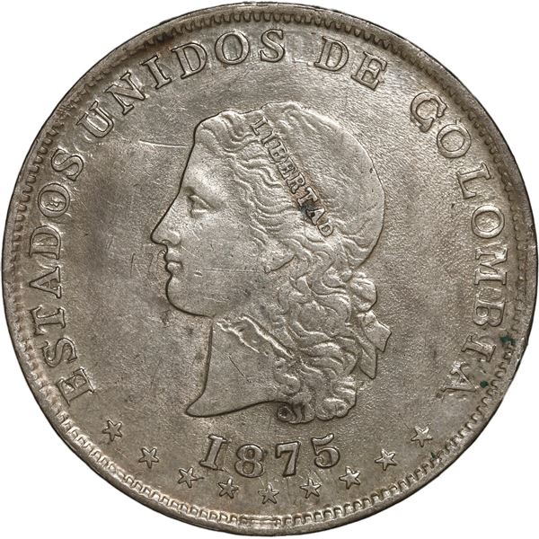 COLOMBIA, Medellín, 5 décimos, 1875, Barré bust, B inside O of ESTADOS, clashed dies.