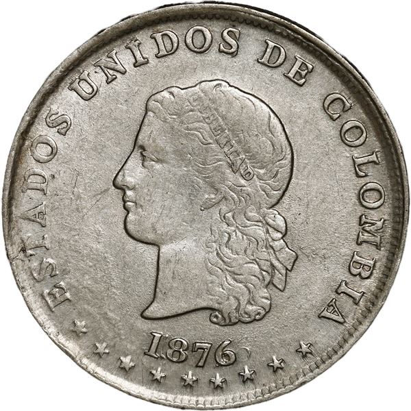 COLOMBIA, Medellín, 5 décimos, 1876, Barré bust, date left over date right.