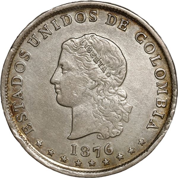 COLOMBIA, Medellín, 5 décimos, 1876, Barré bust, date left.