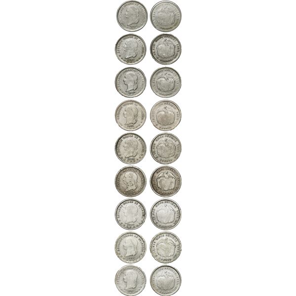 COLOMBIA, Bogotá, lot of nine 5 décimos, 1868 (2), 1869 (3), 1870 (2), and 1871 (2).