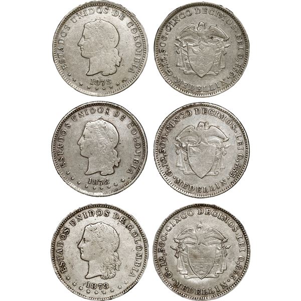 COLOMBIA, Medellín, lot of three 5 décimos, 1873, Barré bust, reversed fineness.