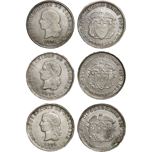 COLOMBIA, Medellín, lot of three 5 décimos, 1876, Barré bust, various date varieties.