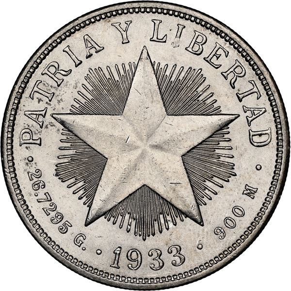 CUBA, struck at the Philadelphia mint, "star" peso, 1933, NGC UNC details / cleaned, ex-Rudman.