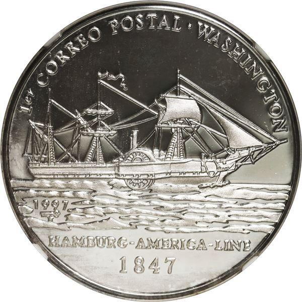 CUBA, Havana mint, proof 10 pesos, 1997, 150th anniversary of the first steam/sail powered ship, NGC