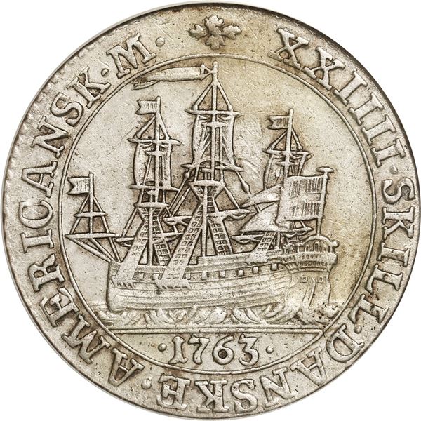 DANISH WEST INDIES, Copenhagen Mint, 24 skilling, Frederik V, 1763, NCS XF details / excessive surfa