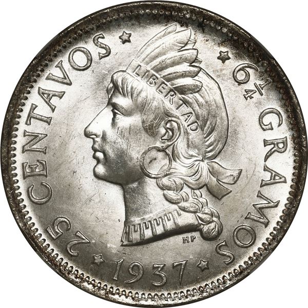 DOMINICAN REPUBLIC, struck at the Philadelphia Mint, 25 centavos, 1937, NGC MS 66, "top pop."