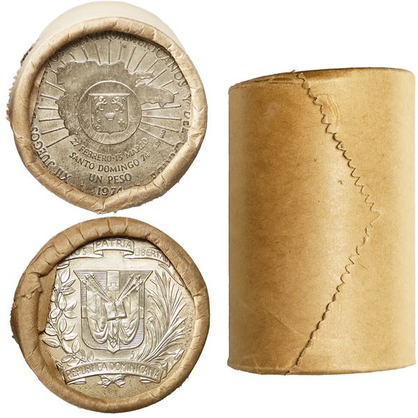 DOMINICAN REPUBLIC, original bank-wrapped twenty-coin roll of 1974 Central American and Caribbean Ga