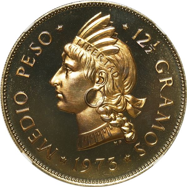 DOMINICAN REPUBLIC, copper-nickel proof ½ peso, 1973, NGC PF 68.