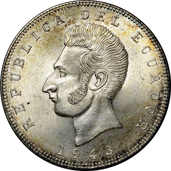 ECUADOR, struck at the Mexico City Mint, 5 sucres, 1943, NGC MS 65 (Eric P. Newman Collection Label)