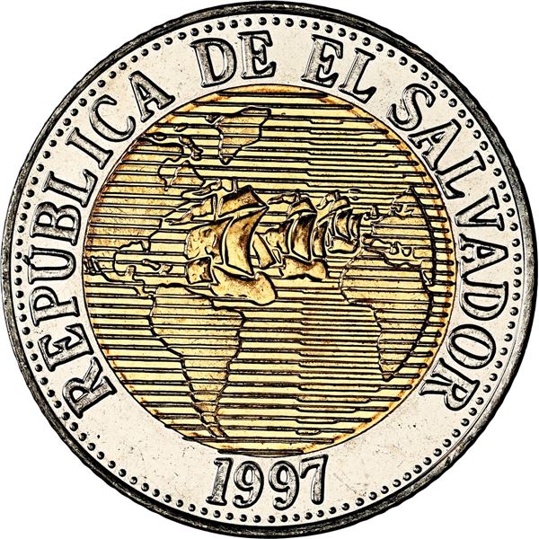 EL SALVADOR, bimetallic 5 colones, 1997, rare, NGC MS 63.