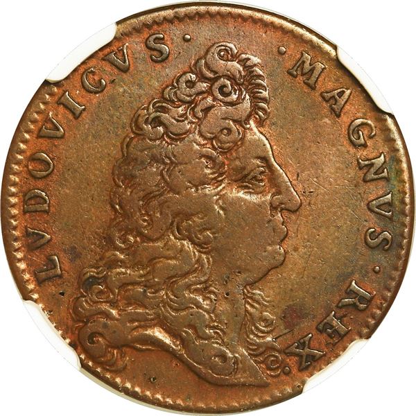 FRANCE, bronze jeton, Louis XIV, no date (1697), sack of Cartagena (Colombia), NGC VF details / clea