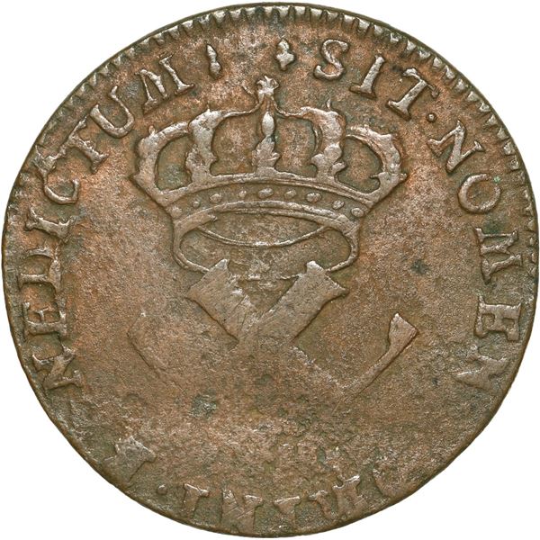 FRENCH COLONIES, struck at the La Rochelle Mint, bronze 9 deniers, Louis XV, 1721-H.