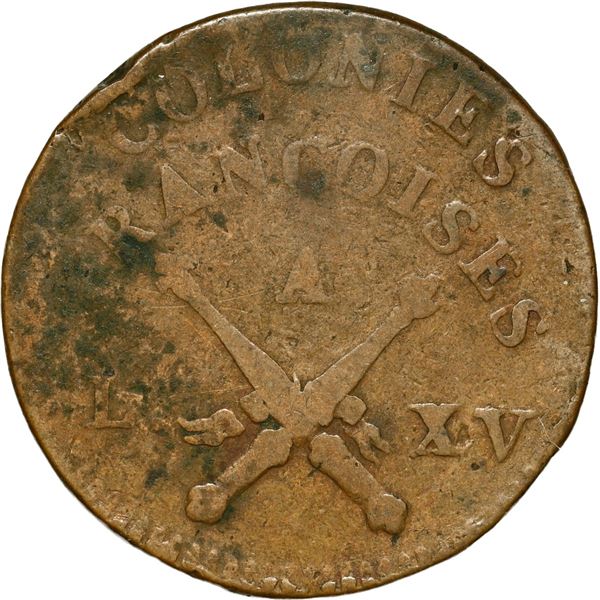 FRENCH COLONIES, struck at the Paris Mint, bronze 12 deniers, Louis XV, 1767, scarce.