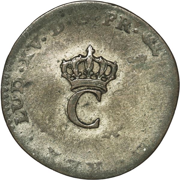 FRENCH COLONIES, billon stampee, Louis XV, crowned-C countermark (1763) on a French 2 sol marque, 17