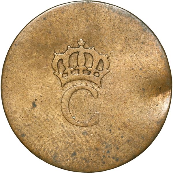 FRENCH COLONIES, billon stampee, Louis XV, crowned-C countermark (1779) on a blank disk.