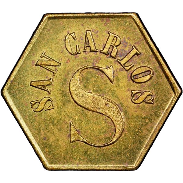 GUATEMALA, Pochuta, brass hexagonal 1 real token, ca. late 1800s, San Carlos / Wyld Hermanos, PCGS M