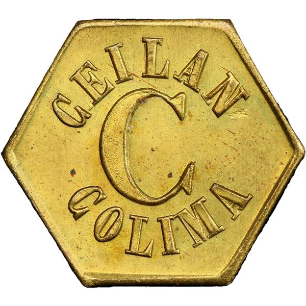 GUATEMALA, Pochuta, brass hexagonal ½ real token, ca. late 1800s, Ceilan Colima / Wyld Hermanos, PCG